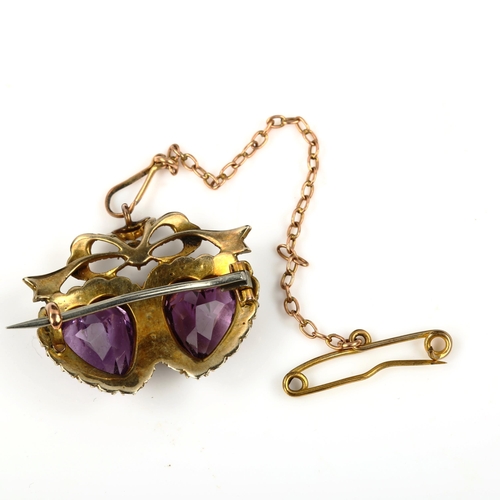 428 - A Victorian amethyst and pearl double sweetheart brooch, unmarked gold settings, brooch length 26.3m... 