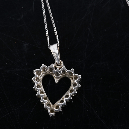 429 - A modern 18ct white gold diamond heart pendant necklace, on 9ct trace link chain, pendant height 21.... 