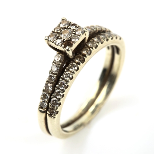 436 - A modern 9ct white gold diamond conjoined ring, comprising half eternity and cluster, setting height... 