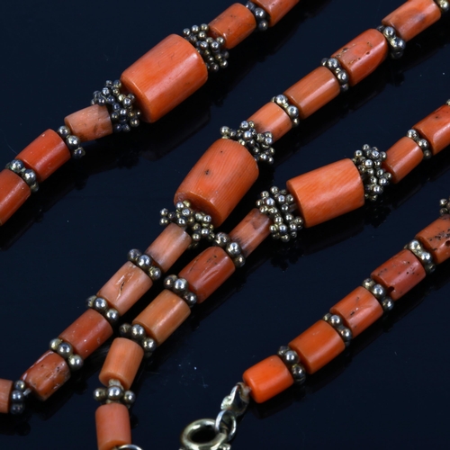 444 - A Georgian coral bead necklace, with gilt-metal spacers, necklace length 80cm, 58.1g