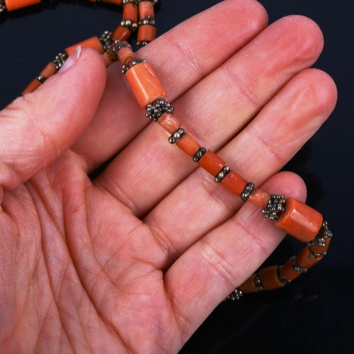 444 - A Georgian coral bead necklace, with gilt-metal spacers, necklace length 80cm, 58.1g