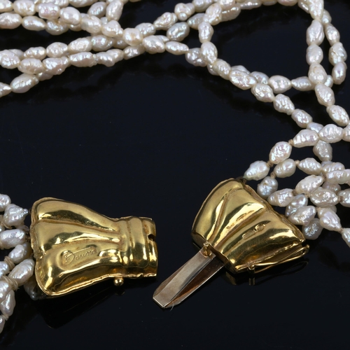 445 - A 1970s 6-strand freshwater pearl necklace, on 18ct gold bow clasp, necklace length 40cm, 54.8g