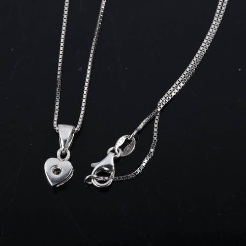 448 - A modern 9ct white gold diamond heart pendant necklace, on 9ct fine box link chain, pendant height 1... 