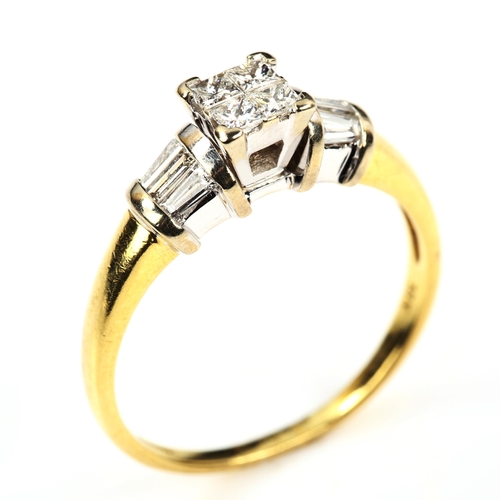 452 - A modern 18ct gold diamond dress ring, set with Princess and tapered baguette-cut diamonds, total di... 