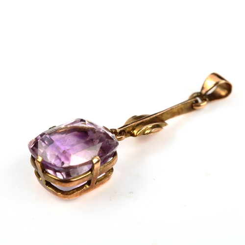 454 - An unmarked rose gold amethyst drop pendant, pendant height 37.9mm, 3g