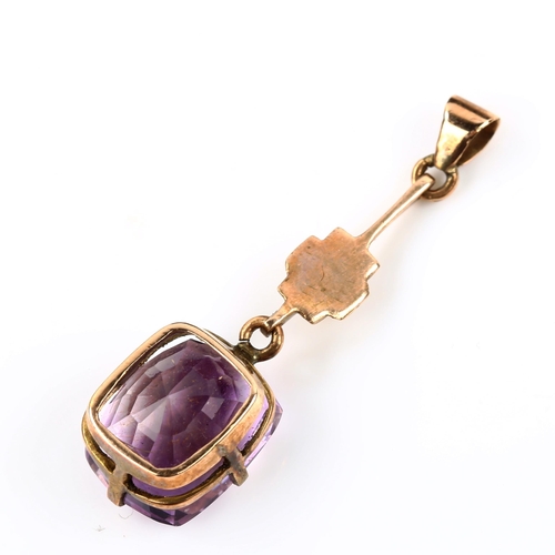 454 - An unmarked rose gold amethyst drop pendant, pendant height 37.9mm, 3g