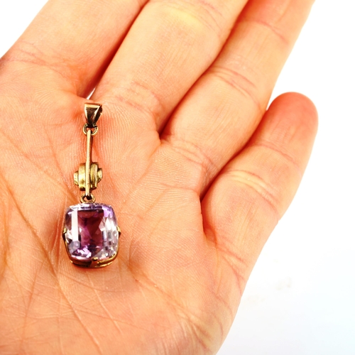 454 - An unmarked rose gold amethyst drop pendant, pendant height 37.9mm, 3g