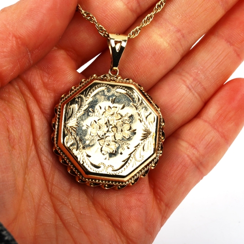 459 - A 9ct gold octagonal photo locket pendant necklace, on 9ct Prince of Wales link chain, pendant heigh... 