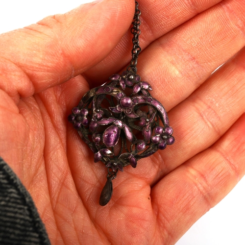 464 - A Continental Arts and Crafts unmarked silver and purple enamel floral pendant necklace, pendant hei... 