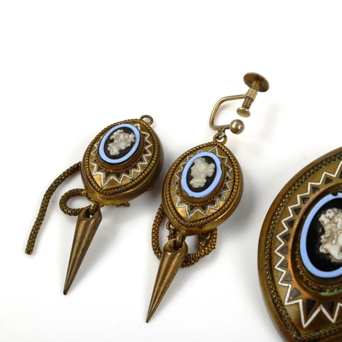 465 - A Victorian gilt-metal and enamel cameo matching brooch and earring set, brooch height 46mm, earring... 