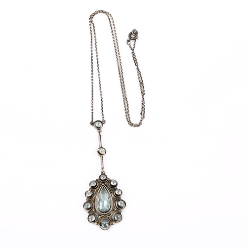 467 - An Art Deco Continental sterling silver and paste openwork pendant necklace, on fine cable link chai... 