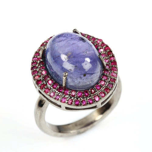 472 - A modern oxidised sterling silver tanzanite and ruby oval cluster ring, set with high oval cabochon ... 