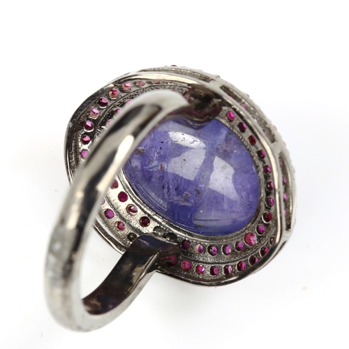 472 - A modern oxidised sterling silver tanzanite and ruby oval cluster ring, set with high oval cabochon ... 