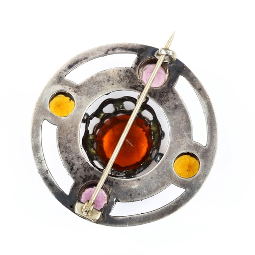 473 - A Scottish unmarked silver stone set targe shield target brooch, set with citrine amethyst and agate... 