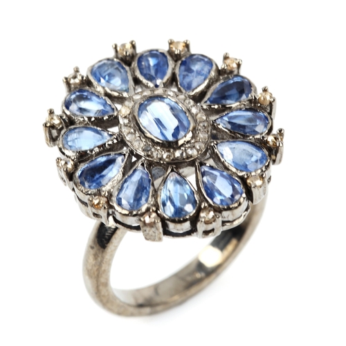 475 - A modern oxidised sterling silver kyanite diamond cluster ring, total diamond content approx 0.3ct, ... 