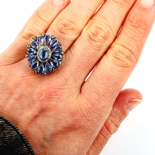 475 - A modern oxidised sterling silver kyanite diamond cluster ring, total diamond content approx 0.3ct, ... 