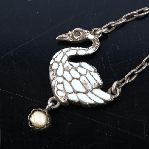 477 - A Renaissance style Continental silver enamel and pearl figural swan pendant, pendant height 53mm, 7... 