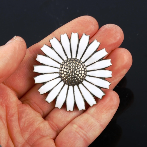 485 - ANTON MICHELSEN - a Vintage Danish vermeil sterling silver and white enamel daisy pattern brooch, di... 