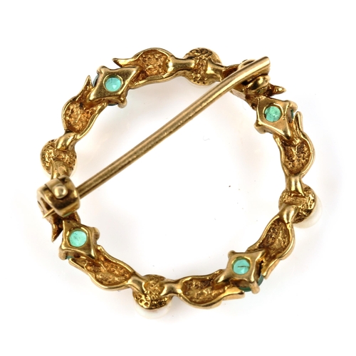 493 - A late 20th century 9ct gold emerald and pearl hoop brooch, brooch diameter 24.5mm, 3.1g