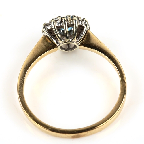 494 - A modern 9ct gold blue topaz and diamond heart cluster ring, setting height 8.8mm, size M, 2.2g