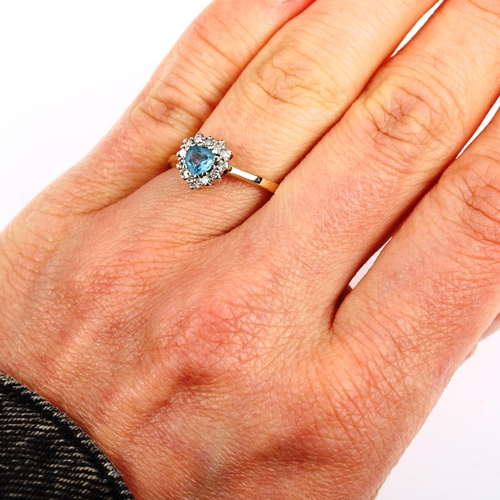 494 - A modern 9ct gold blue topaz and diamond heart cluster ring, setting height 8.8mm, size M, 2.2g