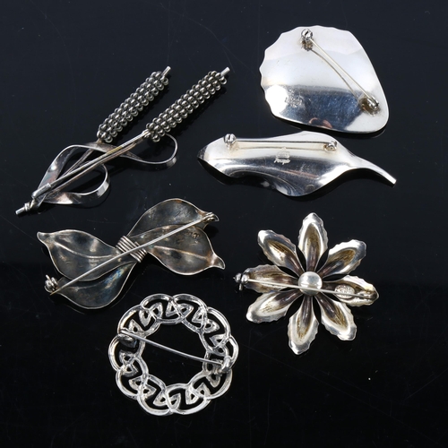 495 - 6 Vintage Danish stylised silver brooches, maker's include Anton Michelsen, largest length 86mm, 60.... 