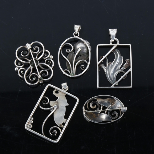 496 - Various Danish stylised silver jewellery, comprising 3  pendants and 2 x brooches, largest pendant h... 