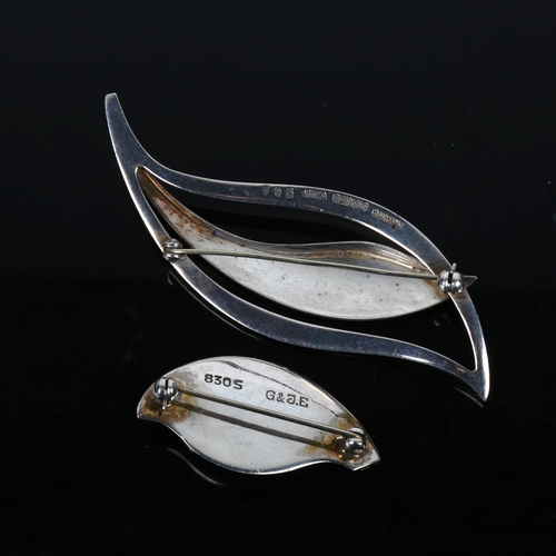 497 - 2 Danish stylised sterling silver leaf brooches, makers include Just Andersen, largest length 79.8mm... 