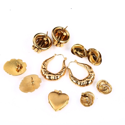 511 - Various 9ct gold Creole and half hoop earrings, and a 9ct heart locket pendant, 17.7g total