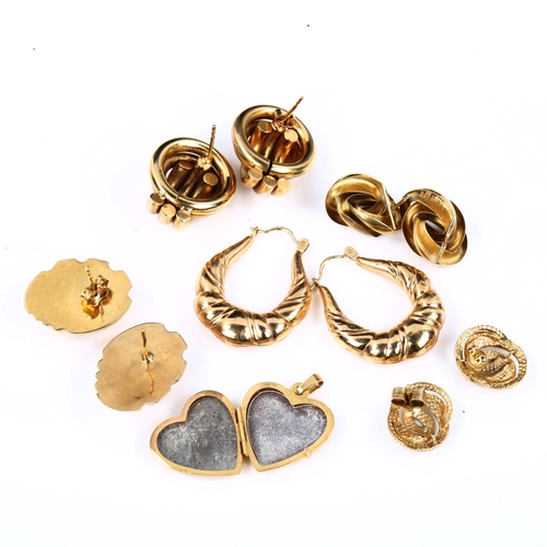 511 - Various 9ct gold Creole and half hoop earrings, and a 9ct heart locket pendant, 17.7g total