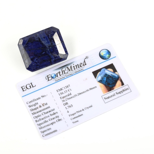 518 - An unmounted 156.15ct emerald-cut sapphire, 36.27mm x 29.20mm x 16.96mm, 31.2g, with EGL report card