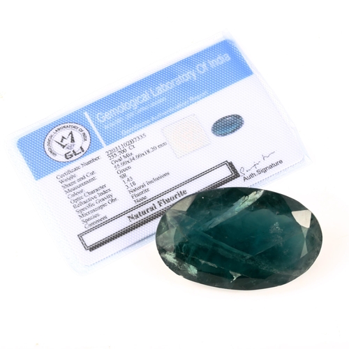 520 - An unmounted 255.7ct oval mixed-cut green fluorite, 55.00mm x 34.00mm x 18.20mm, 51.1g, with GLI rep... 