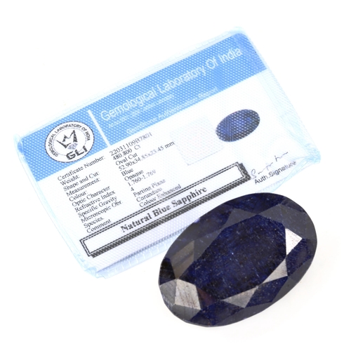 521 - An unmounted 480.8ct oval mixed-cut sapphire, 52.90mm x 34.85mm x 23.45mm, 96.1g, with GLI report ca... 