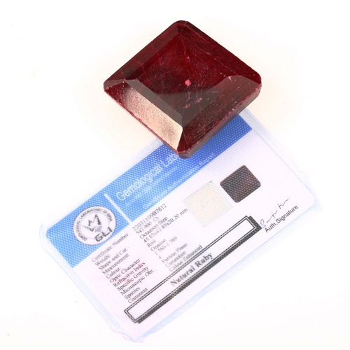 522 - An unmounted 542.9ct emerald-cut ruby, 45.85mm x 43.85mm x 20.20mm, 108.6g, with GLI report card