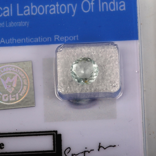 525 - An unmounted 1.5ct round-cut aquamarine, 7.70mm x 7.70mm x 4.20mm, with GLI report card