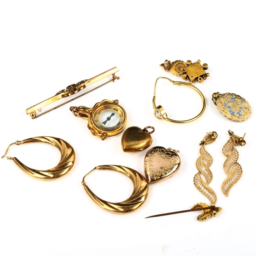 532 - Various jewellery, including 9ct gold, 7.5g gross, 18ct heart hoop earring, 2.6g, diamond and pearl ... 