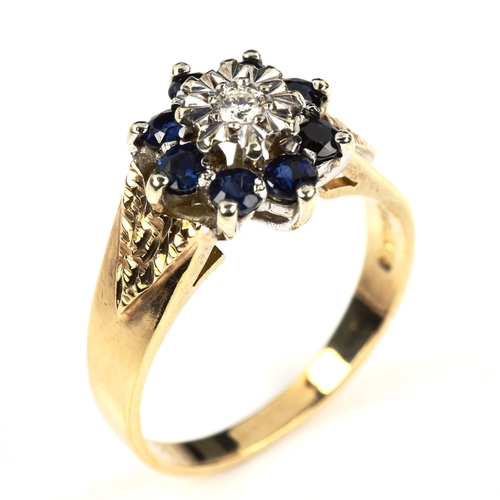 534 - A 9ct gold sapphire and diamond cluster ring, setting height 11.6mm, size N, 3.8g