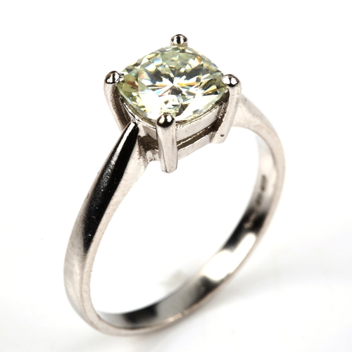 539 - A modern 18ct white gold solitaire synthetic moissanite ring, moissanite measures: 6.51mm x 6.47mm x... 