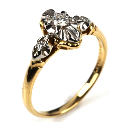 540 - An 18ct gold diamond marquise dress ring, platinum-topped with modern round brilliant-cut diamond, s... 