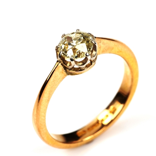 550 - A 22ct gold 0.45ct solitaire yellow diamond ring, claw-set with old-cut diamond, diamond weight calc... 