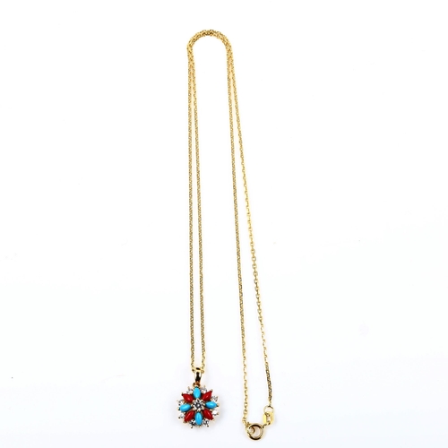 553 - A modern 14ct gold gem set pendant necklace, gemstones include cubic zirconia and turquoise, on 14ct... 