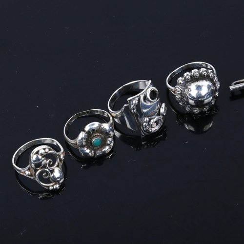 565 - Various Danish stylised silver jewellery, comprising 4 x rings, and 1 x brooch, ring sizes P x 2, Q ... 