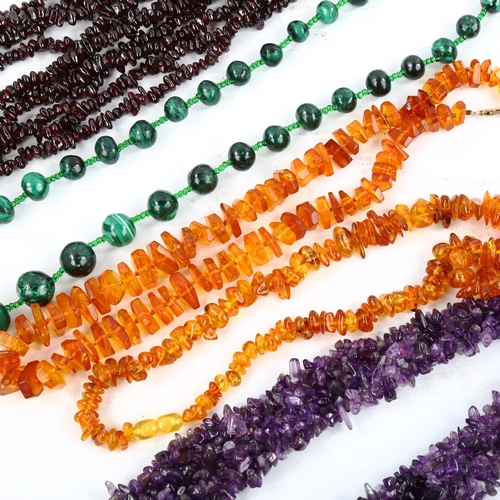 569 - Various gemstone bead necklaces, including amber amethyst malachite and garnet