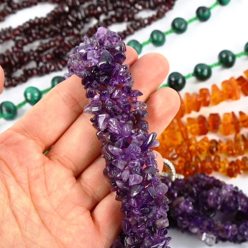 569 - Various gemstone bead necklaces, including amber amethyst malachite and garnet