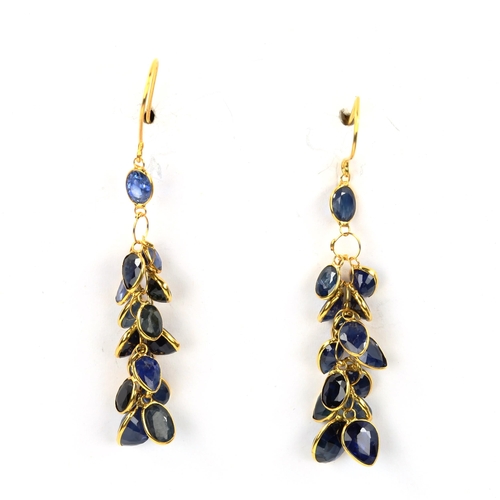 604 - A pair of 14ct gold sapphire cluster grape earrings, with shepherd hook fittings, earring height 42.... 