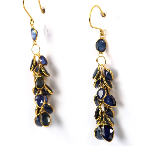 604 - A pair of 14ct gold sapphire cluster grape earrings, with shepherd hook fittings, earring height 42.... 