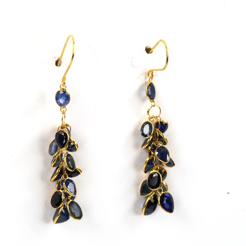 604 - A pair of 14ct gold sapphire cluster grape earrings, with shepherd hook fittings, earring height 42.... 