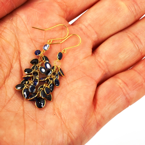 604 - A pair of 14ct gold sapphire cluster grape earrings, with shepherd hook fittings, earring height 42.... 