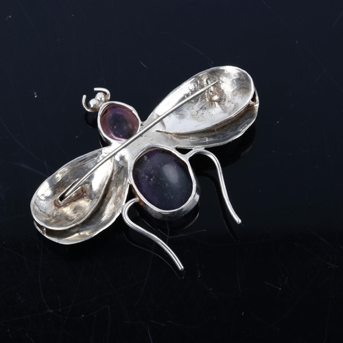 607 - A modern silver moonstone and amethyst figural bug brooch, wingspan 54mm, 9.5g