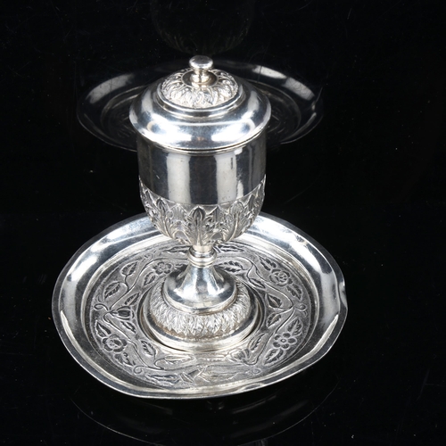 742 - A South American unmarked silver communion goblet cover and stand, stand diameter 13.5cm, goblet hei... 